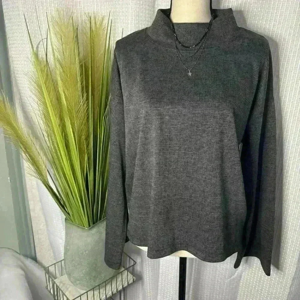 Madewell Women’s M Long Wide Flare Sleeves Mock Neck Top in Glen Plaid Gray - Picture 2 of 11